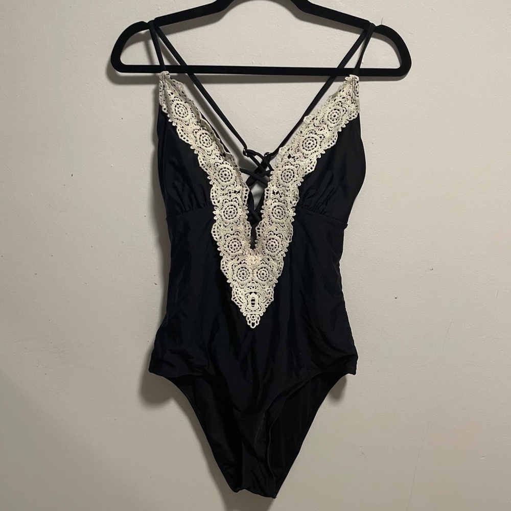 Black One-Piece Swim with Crochet Neckline
